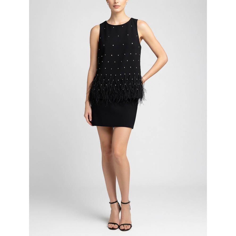 Ann Taylor Black Beaded Sleeveless Top Ostrich Feather Hem Tie Back Medium Glam - Picture 2 of 10